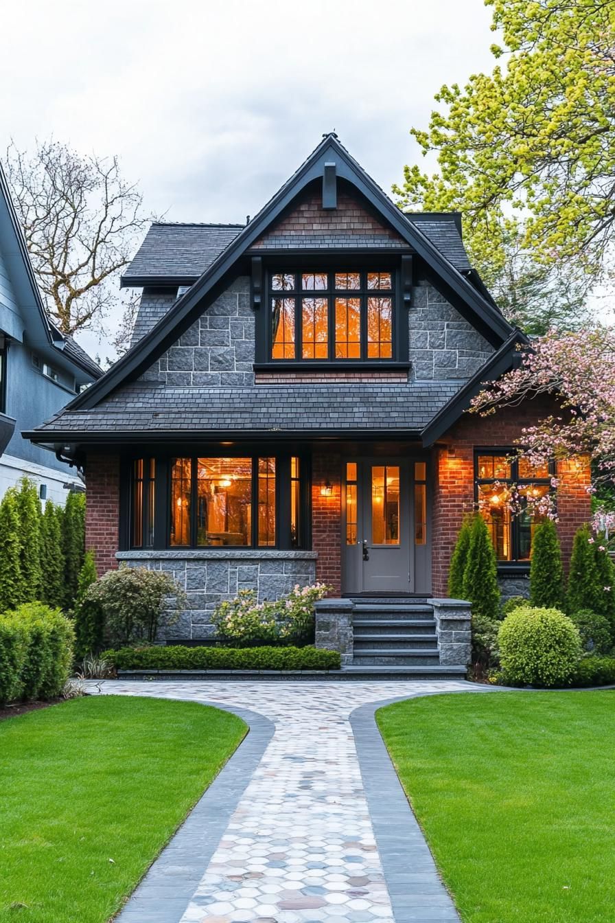 Cozy stone house with glowing windows and lush garden