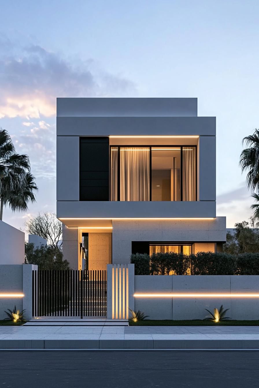 front view of a modern white villa black accents small modern windows narrow LED lit stripe accents the house is behind a tall white concrete 2