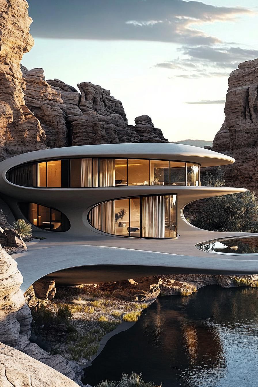 Modern house with futuristic design set amidst rocks