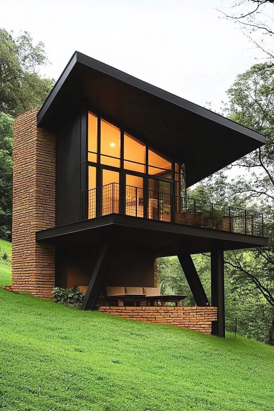 modern geometric cabin house on a steep green hillside slope supported on brick columns it has geometric roof a balcony modern windows