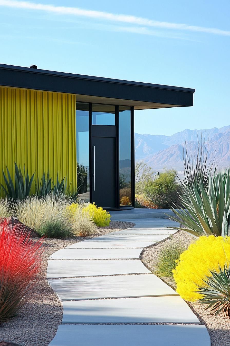 1960s style home with bright yellow accents and desert landscaping