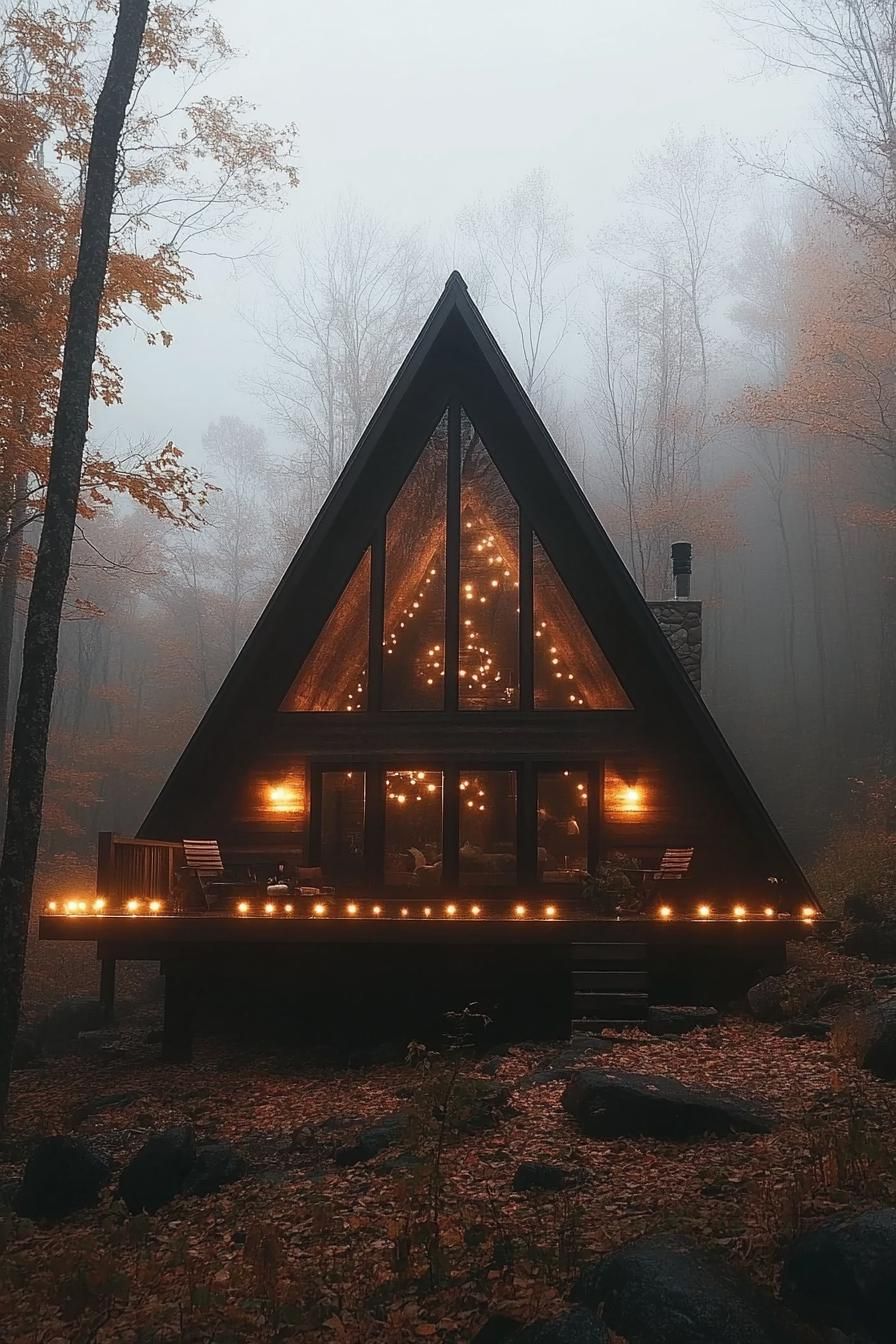 Illuminated A-Frame cabin with autumn foliage