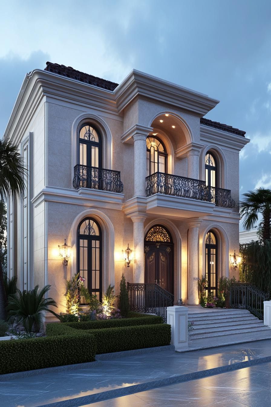 Elegant mansion with classic arches and grand balcony