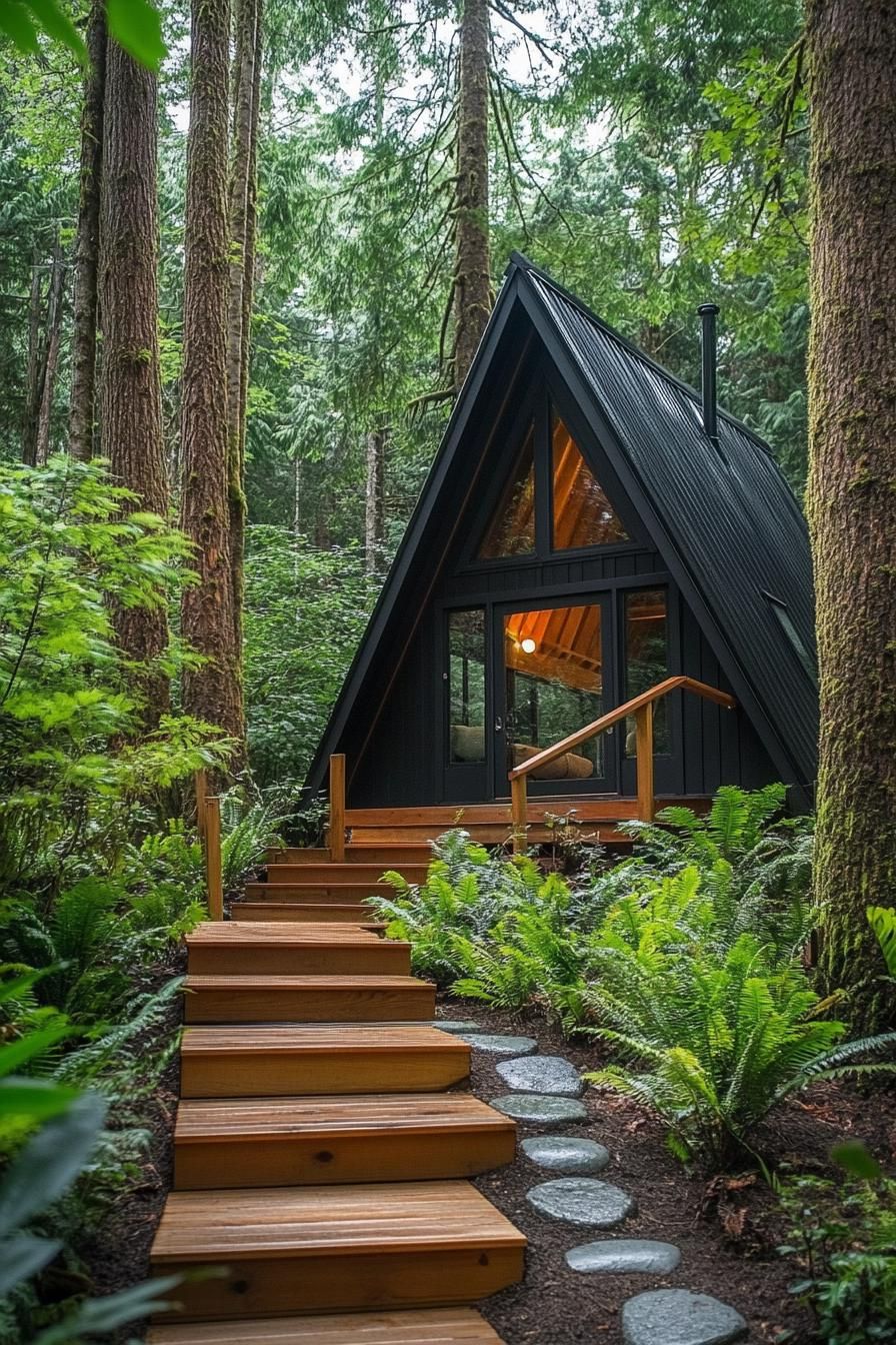 modern tiny raised a frame cabin in a lush forest wooden stairs with railings lead up to the cabin