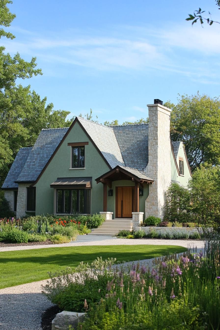 modern european style cottage in pale green stucco facade large front chimney gabled multi pitched roof in stone grey tile modern windows front 1