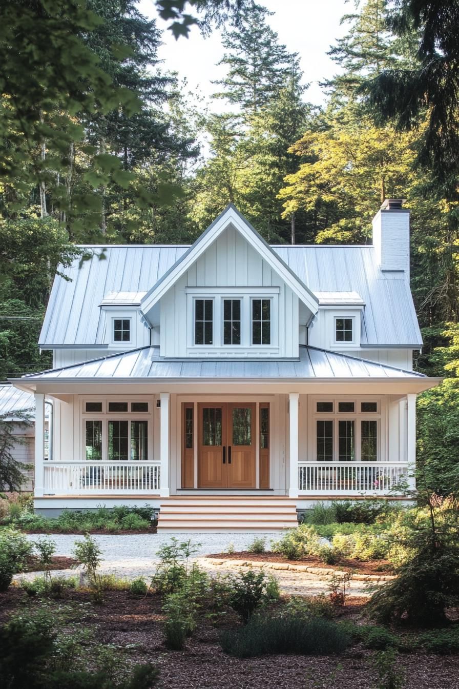 Charming white cottage with a gabled roof nestled among trees