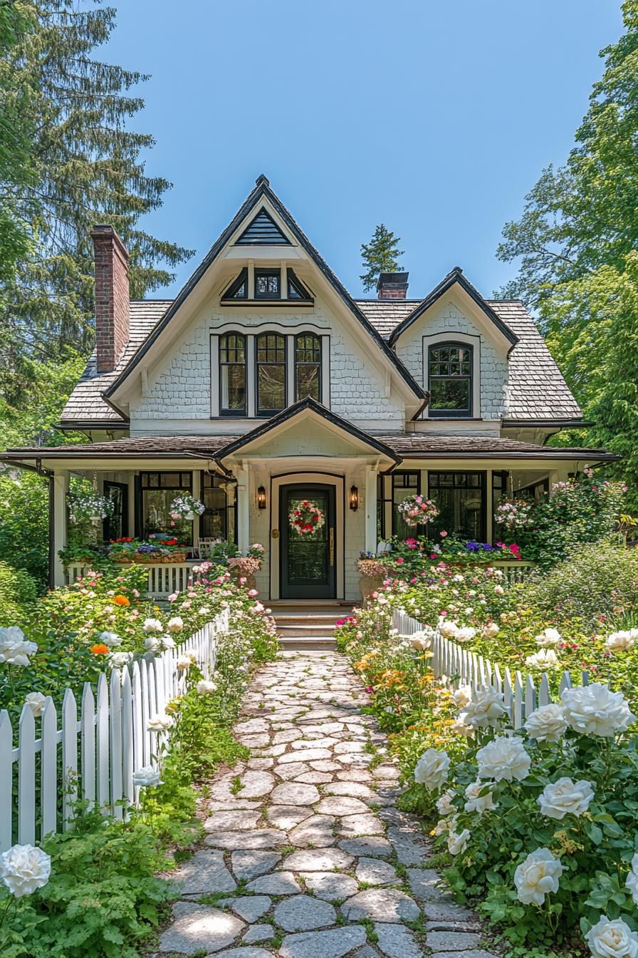 Charming cottage with a flower-lined path and white picket fence