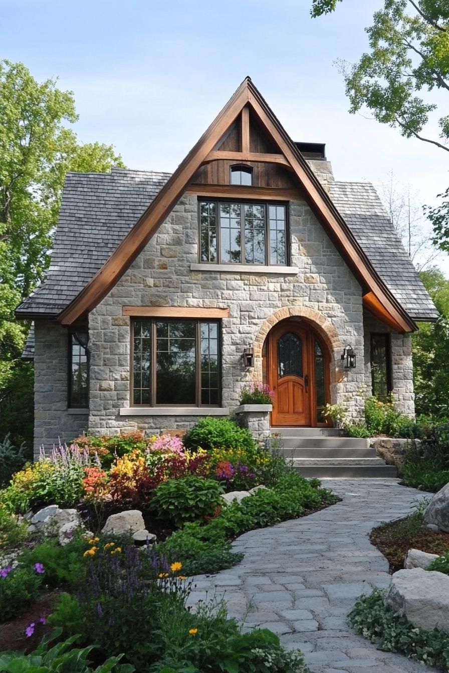 Stone cottage with a pitched roof and garden