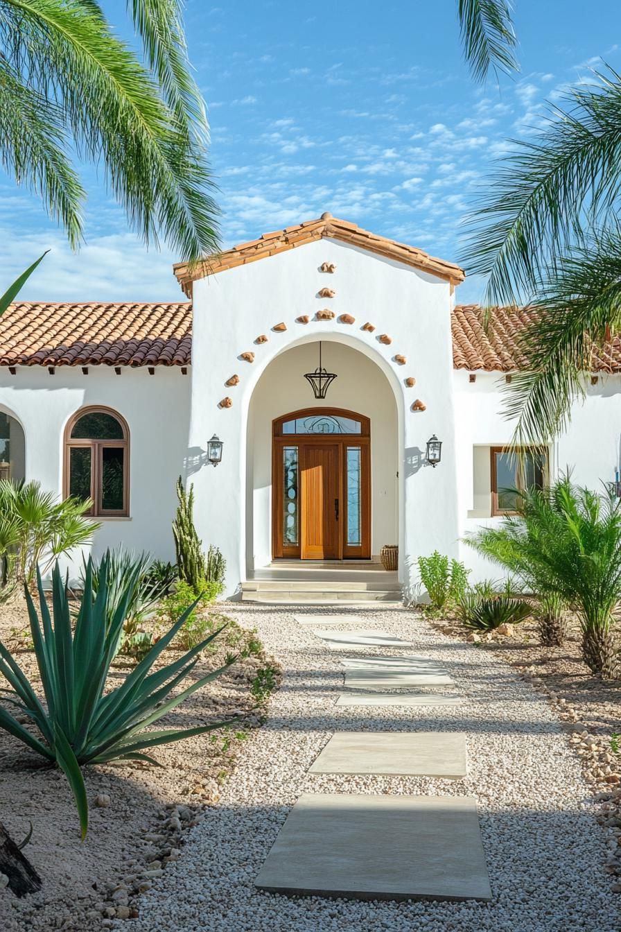 White Spanish bungalow with terracotta roof, palm trees, and a stone pathway