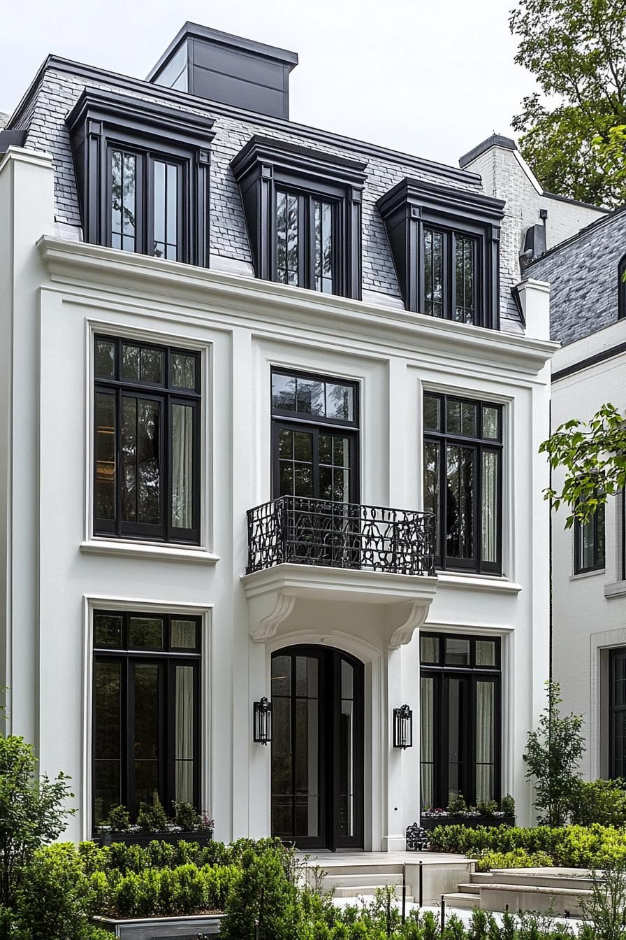 Elegant white townhouse with black windows and a balcony