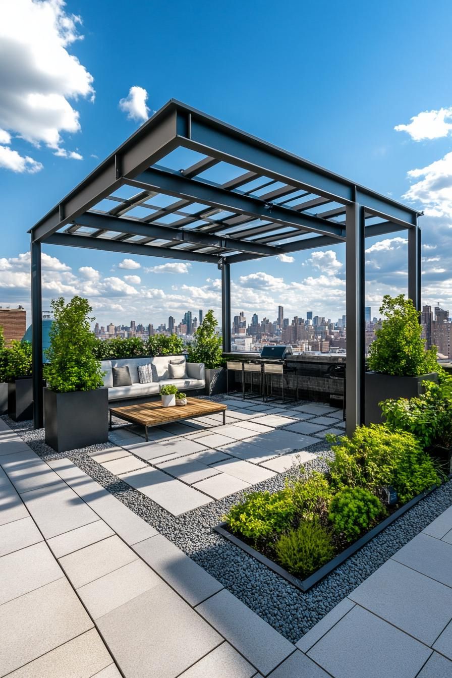 modern rooftop terrace with modular furniture gravel and wooden with concrete paver path planters with geometric shrubs and small trees metal 1