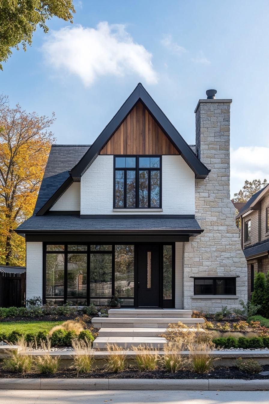 modern european cottage with shite stucco and reclaimed wood siding multi pitched gabled roof chimney modern windows in black trim front yard with 2