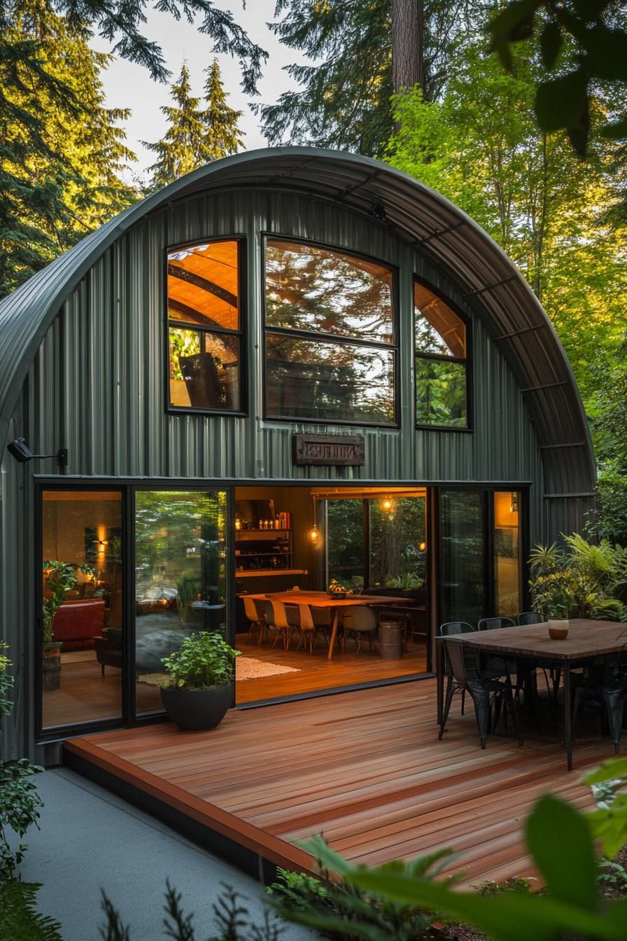 Quonset hut home with large windows in a lush woodland setting