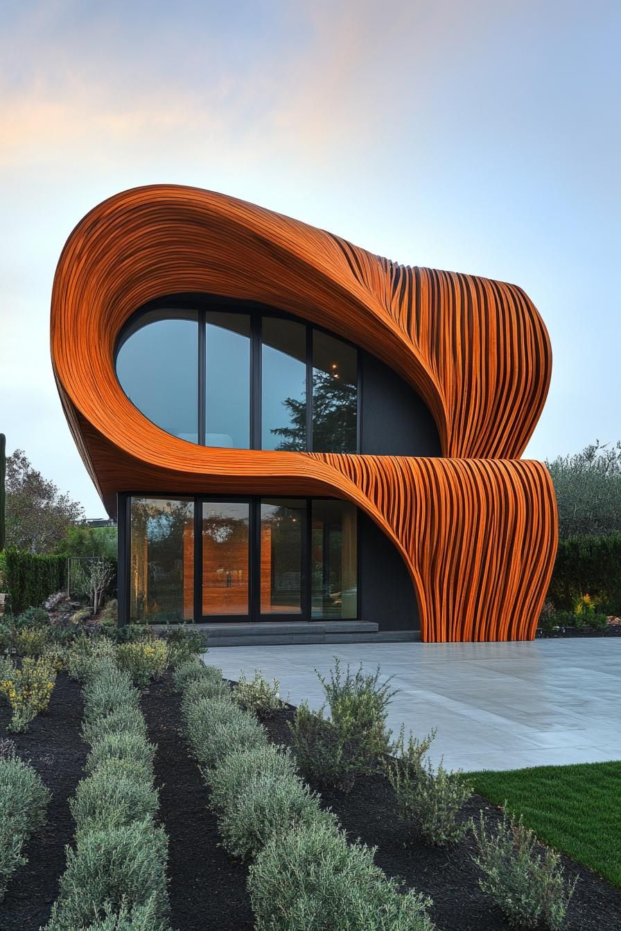 Flowing wooden curves on a modern facade