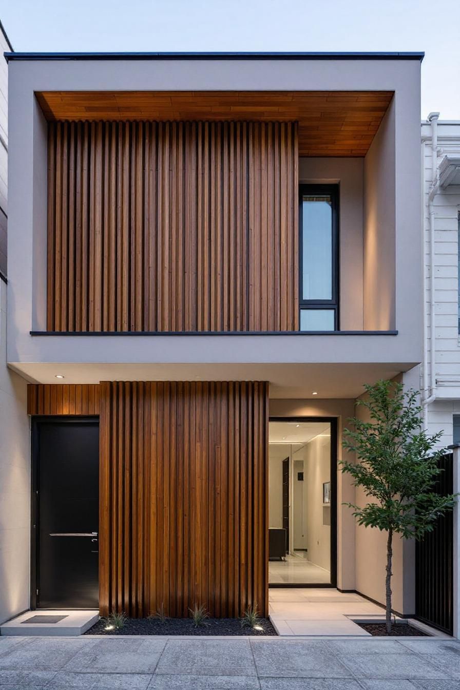 Modern facade with vertical wooden slats