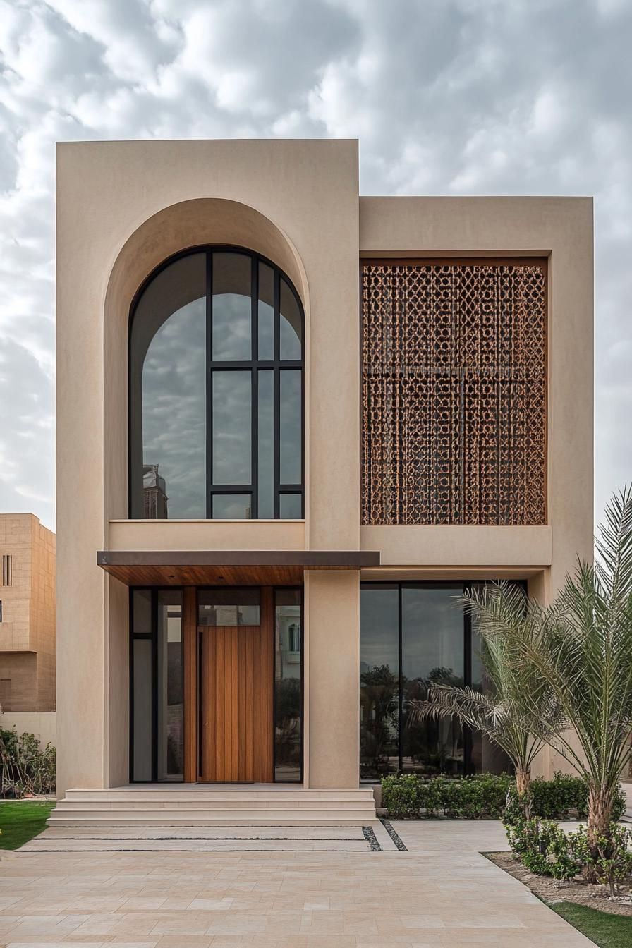 Modern house with arched windows and intricate lattice