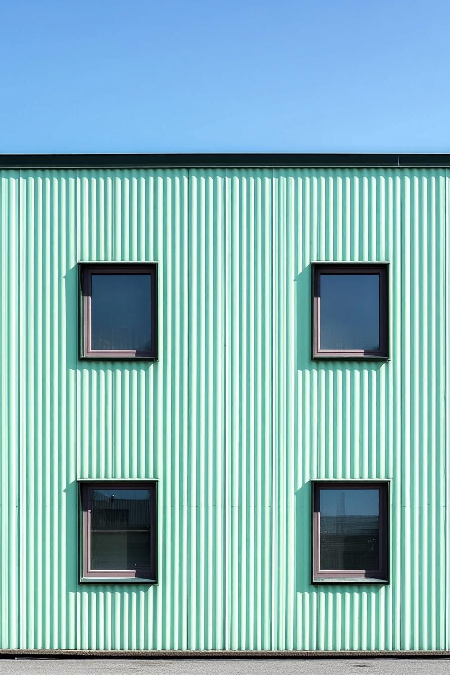 Modern building with light teal corrugated facade and square windows