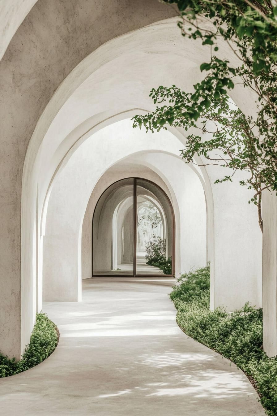 minimalist refined aesthetic courtyard architecture white concrete arches curved ceiling openings arched glass doors visible at far end concrete 2