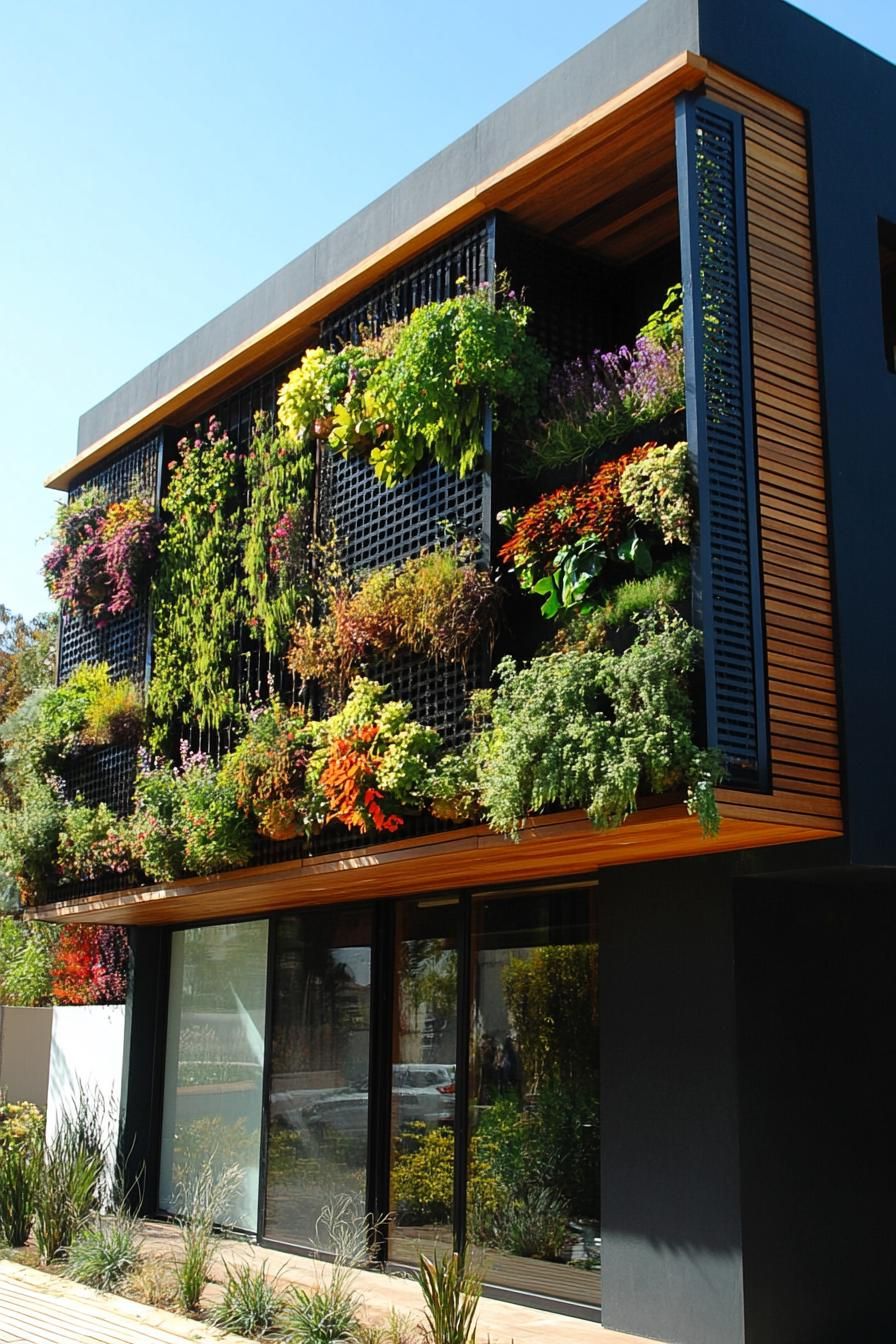 Modern building facade with lush vertical garden