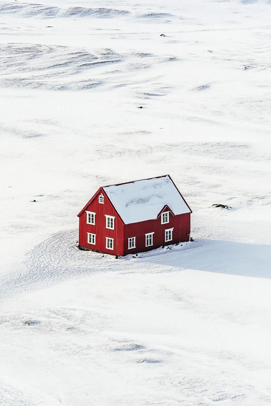 high angle view of a red nordic house in Icelandic winter landscape