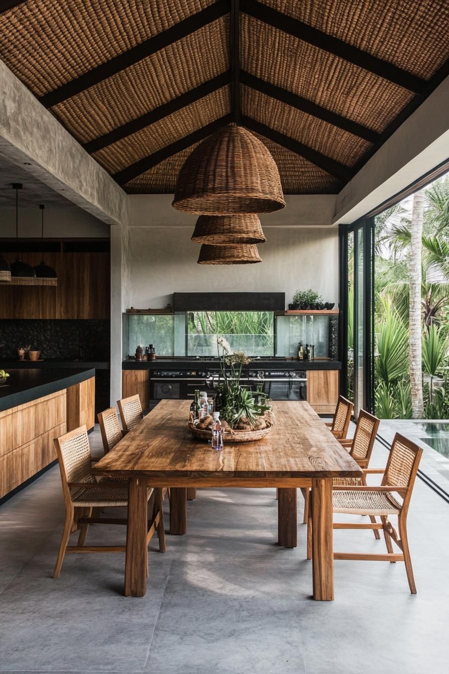 Balinese dining room with large wooden table and hanging bamboo lamps