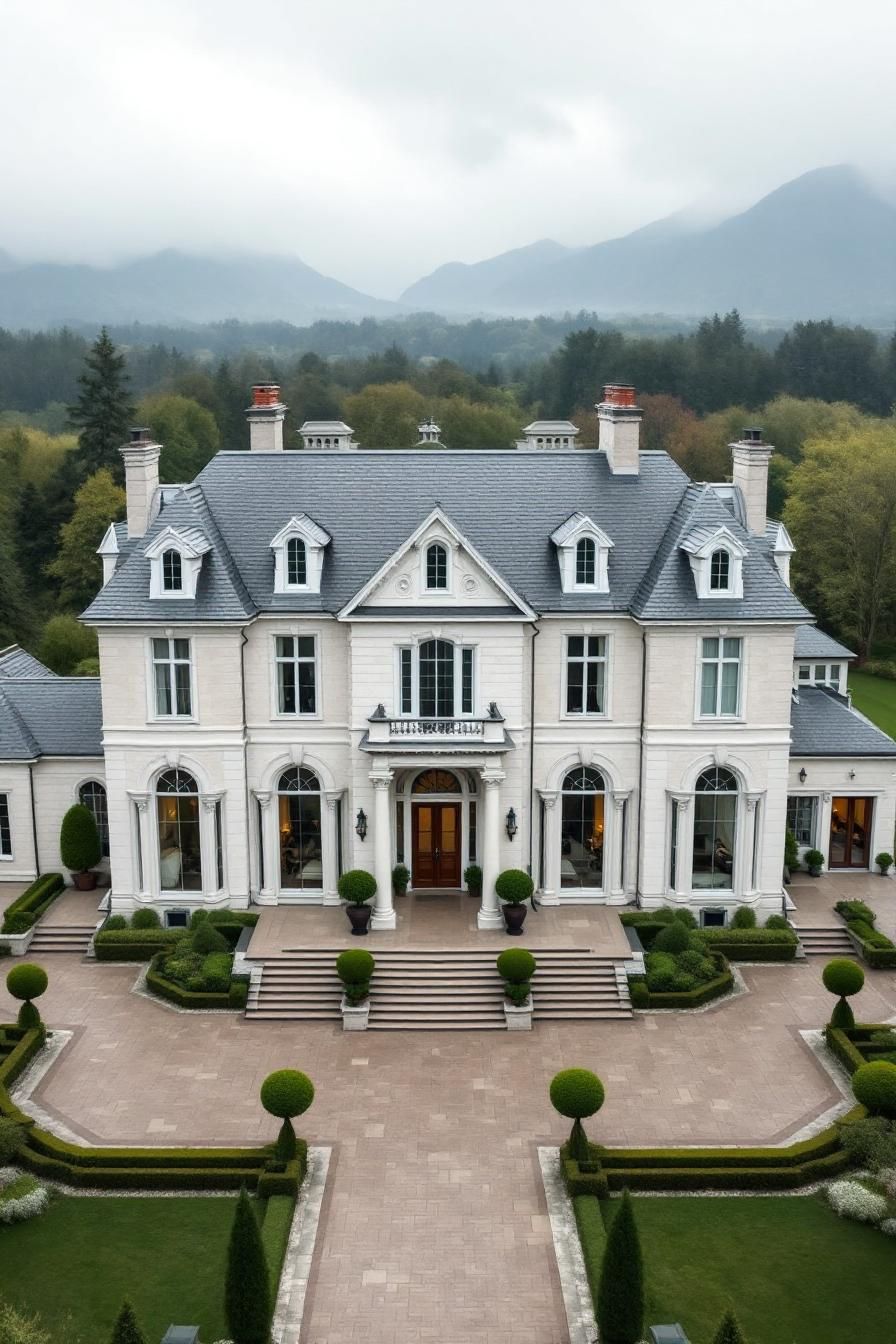 Elegant mansion with symmetrical design surrounded by lush greenery