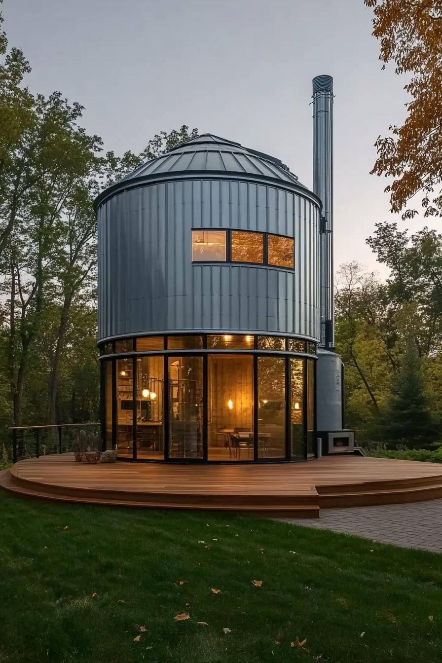 metal grain silo converted into a modern house on a large wooden deck modern windows front paved yard beautiful farmland landscape surrounded with 1