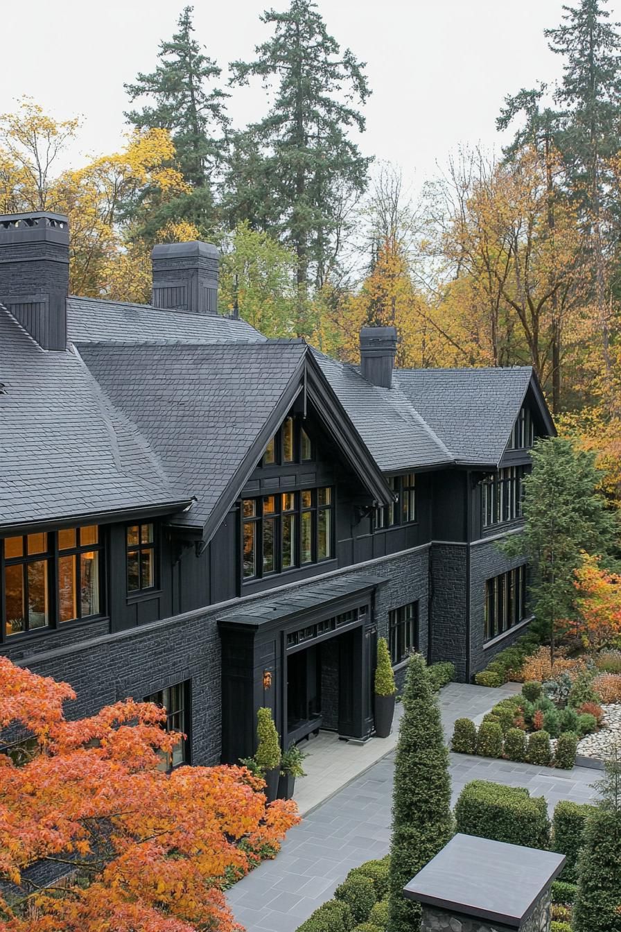 high angle view of large black manor house modern windows roof with gables and black shingles front garden terraced landscaping forest with mixed 1