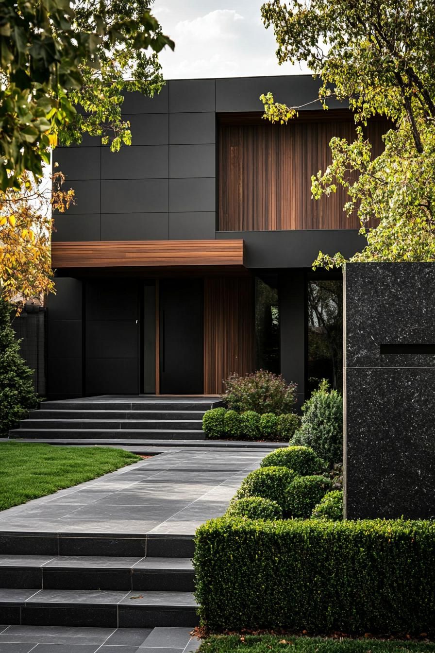 modern black villa with dark wood accent panels large front granite slab feature wall large front paved yard with geometric shrubs 1