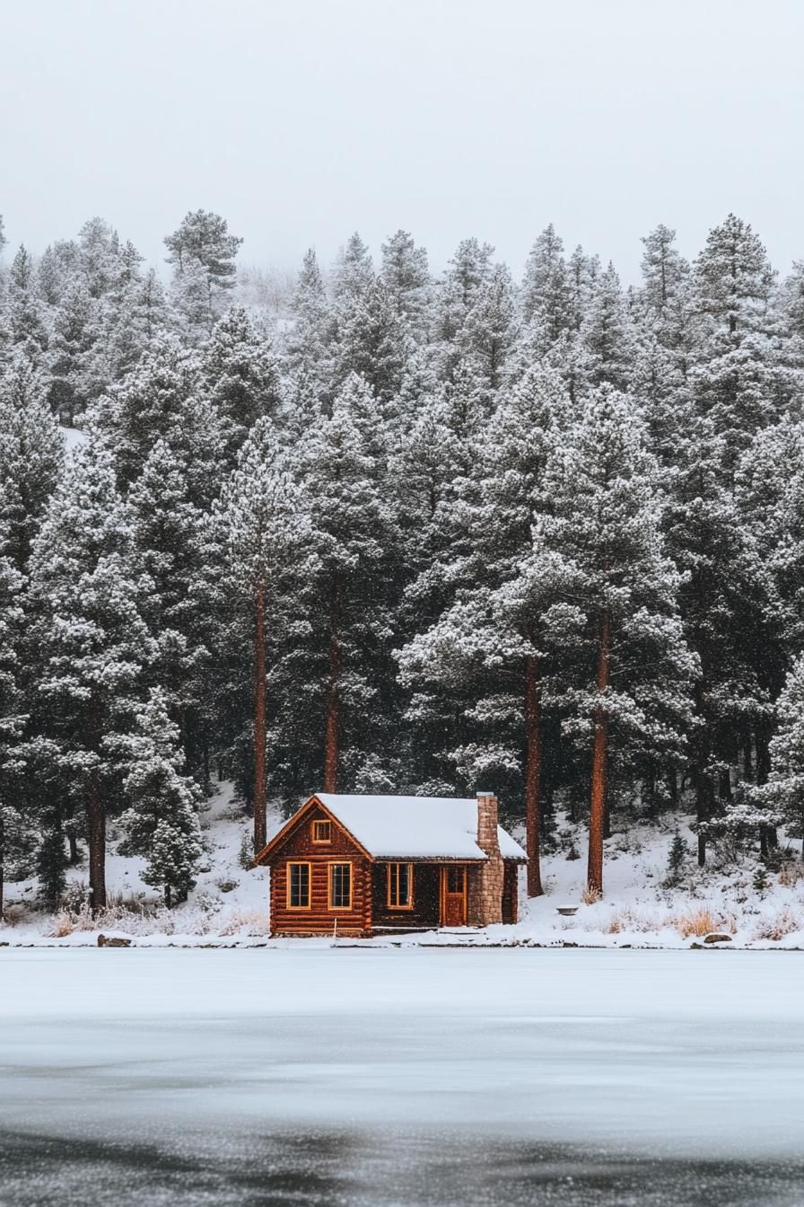 tiny cabin on a frozen lake surrouneded with crips white snowed in trees 1