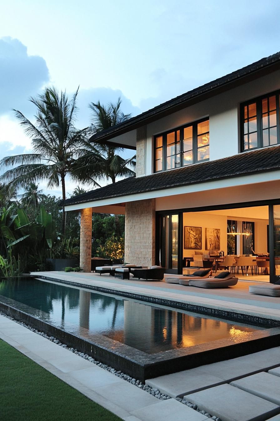 Luxury villa with pool and palm trees at dusk