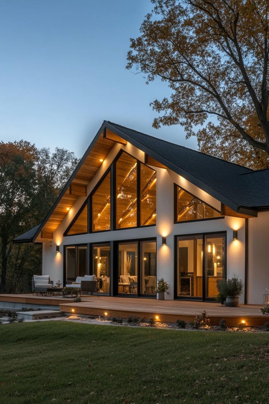 modern one story house with full wall windows white stucco siding wood accents large eaves with LED lighting large porch beautiful farmland