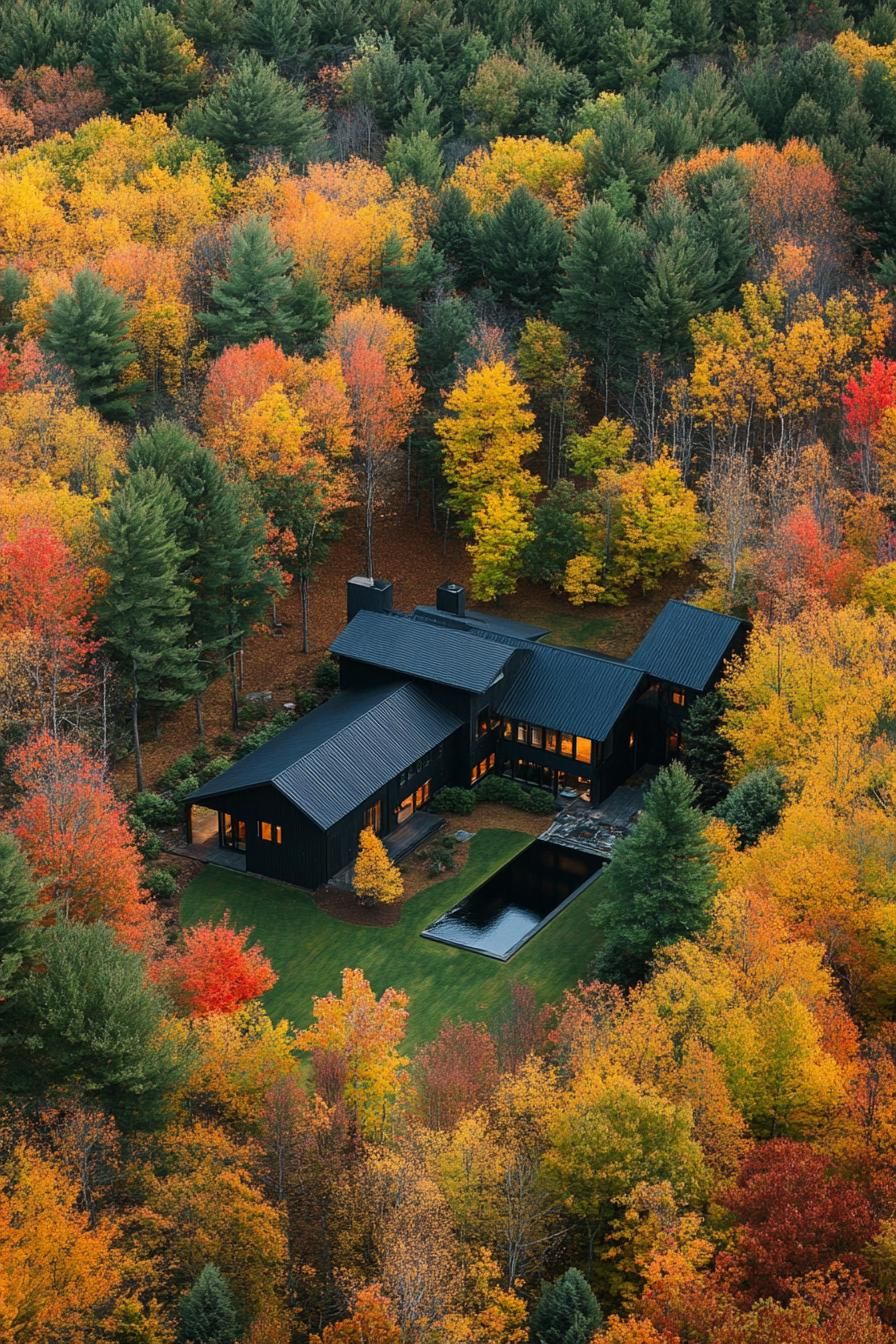 Modern black mansion surrounded by vibrant autumn foliage