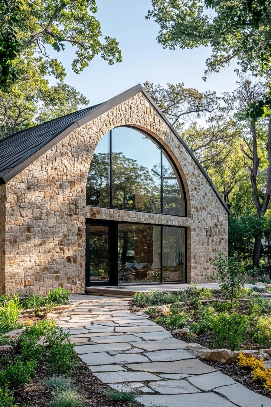 Stone house with arched glass front