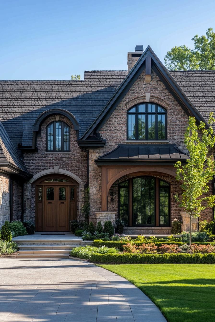 Brick house with lush landscaping and grand entrance