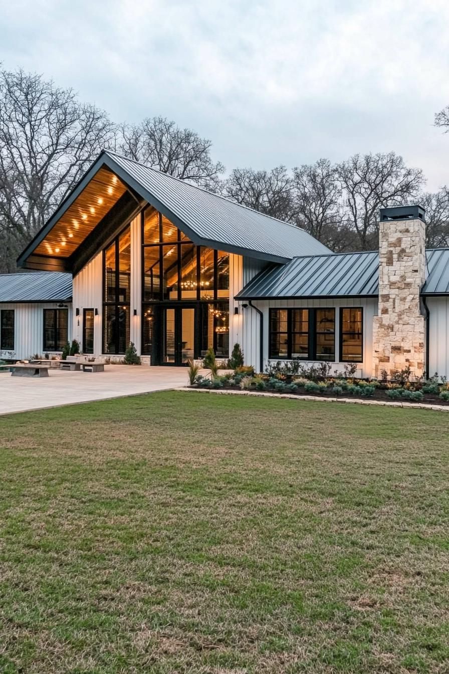 Stylish barndominium with glass facade and stone chimney