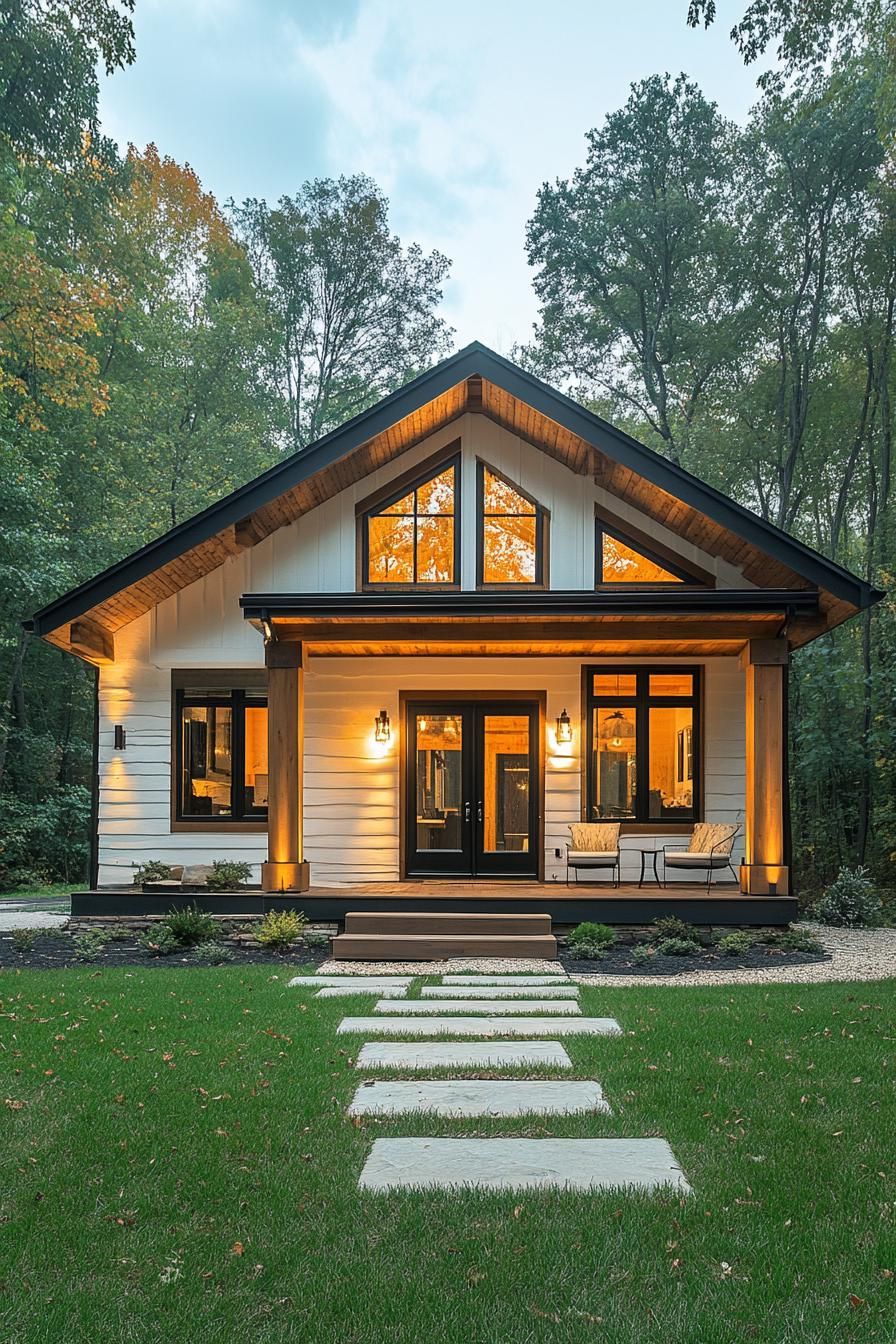 A modern cabin with large windows and a welcoming porch amid a forest