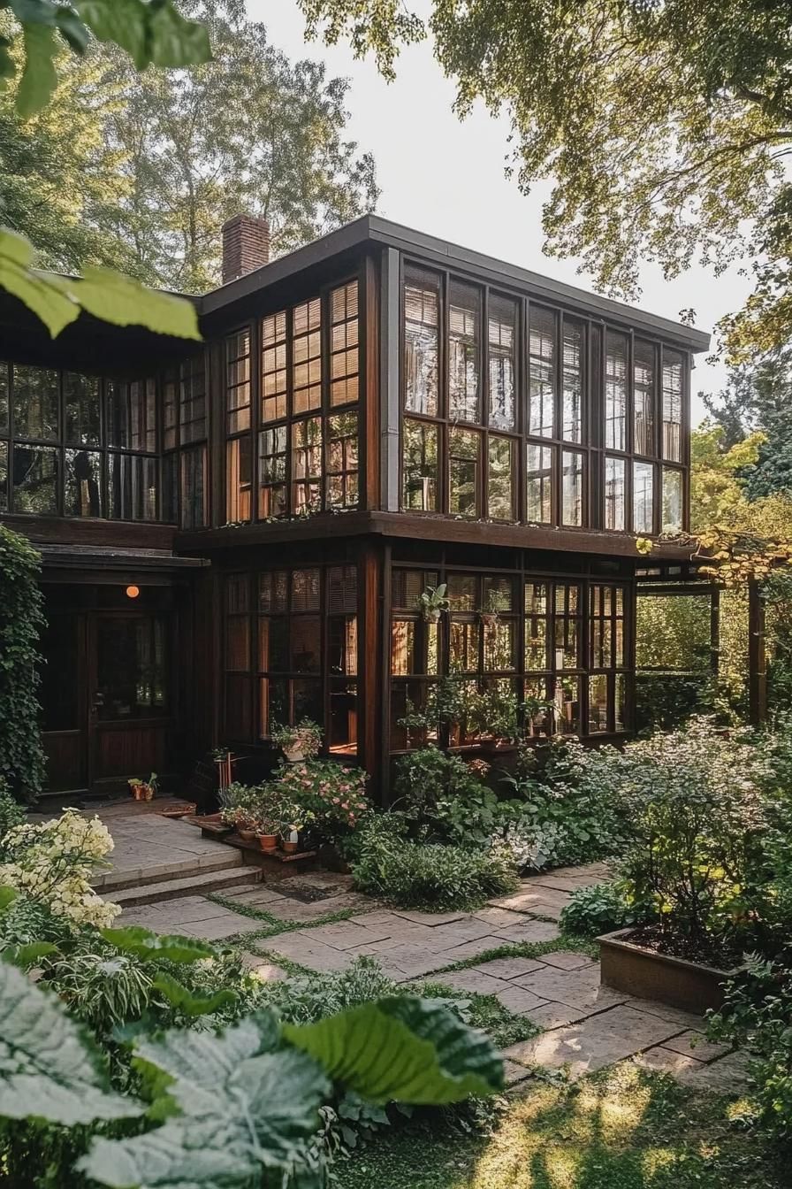 art deco style geometric wooden frame house with pergolas full wall windows lush front garden