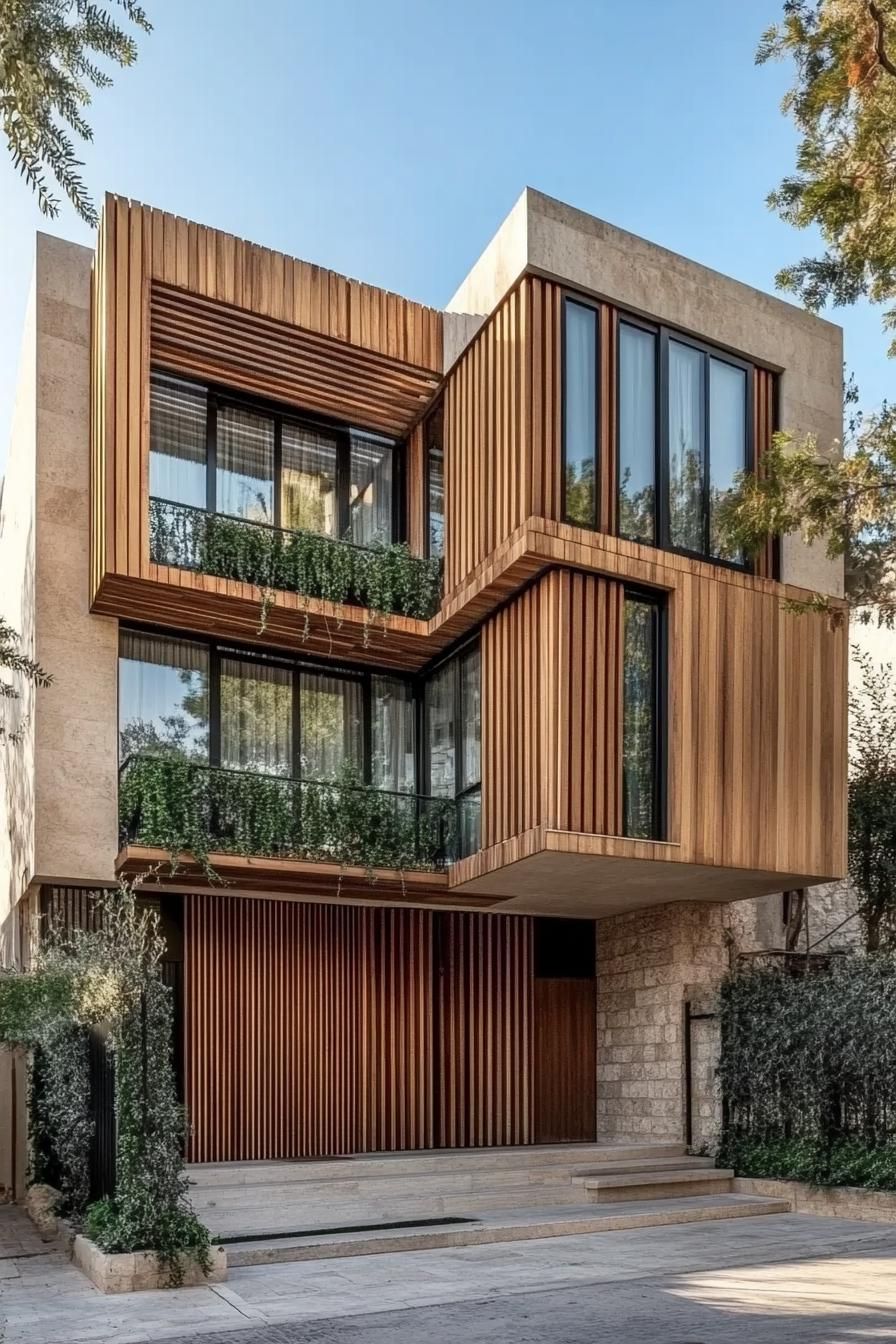 modern house facade with timber gladding and vertical wood slat panels 1