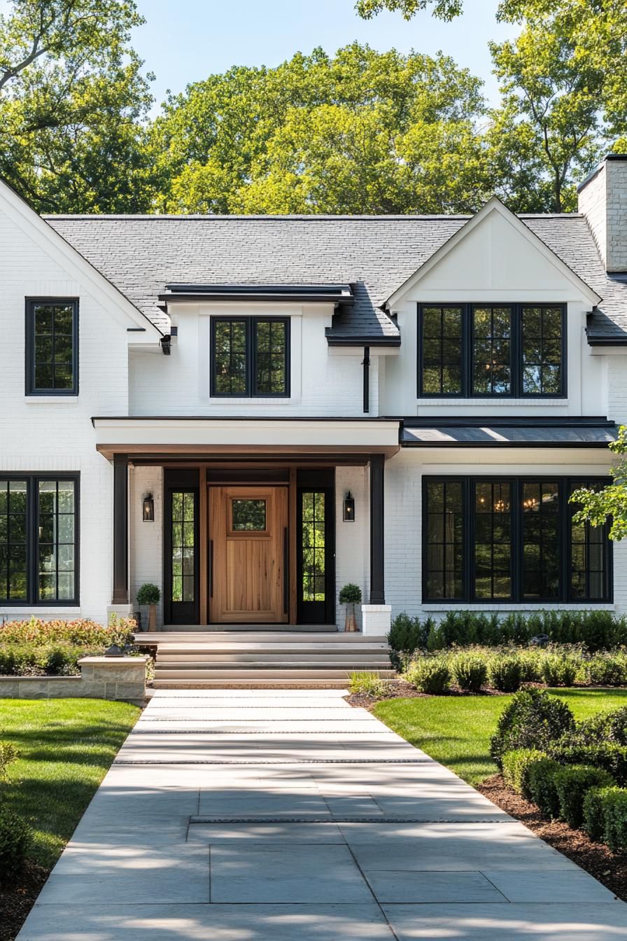 modern blocked white house with dark grey blocks and natural wood doors windows mixed with large and small sizes front yard landscaping with shrubs