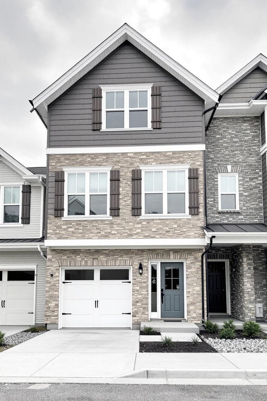 Three-story townhome with stone facade and white trim