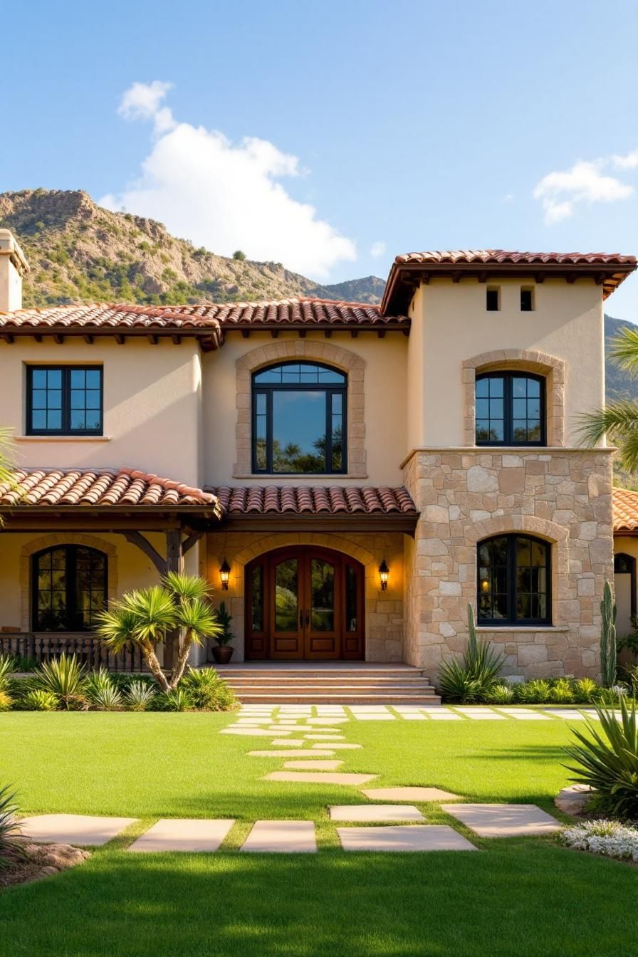 Elegant home with a terracotta roof and stone facade