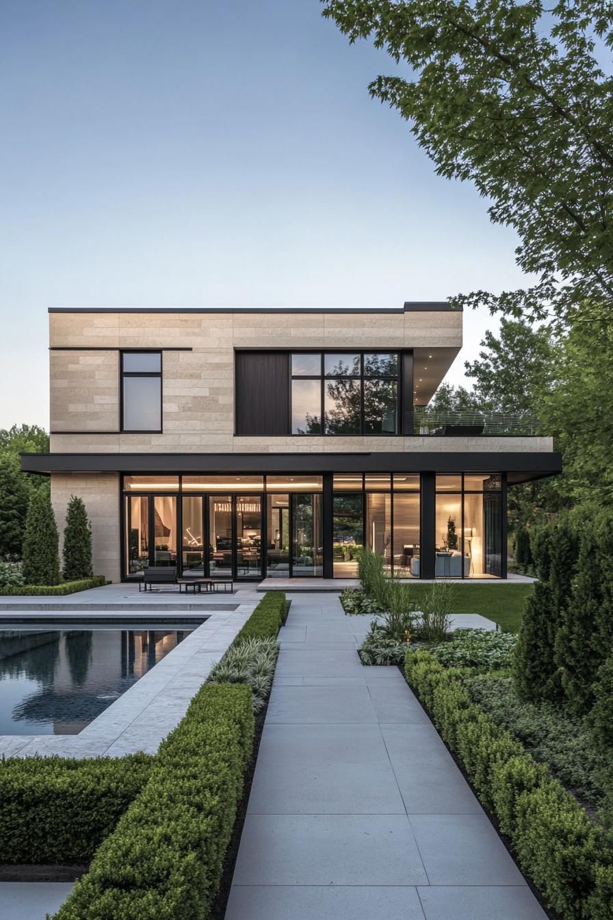 Two-story modern house with large windows and pool