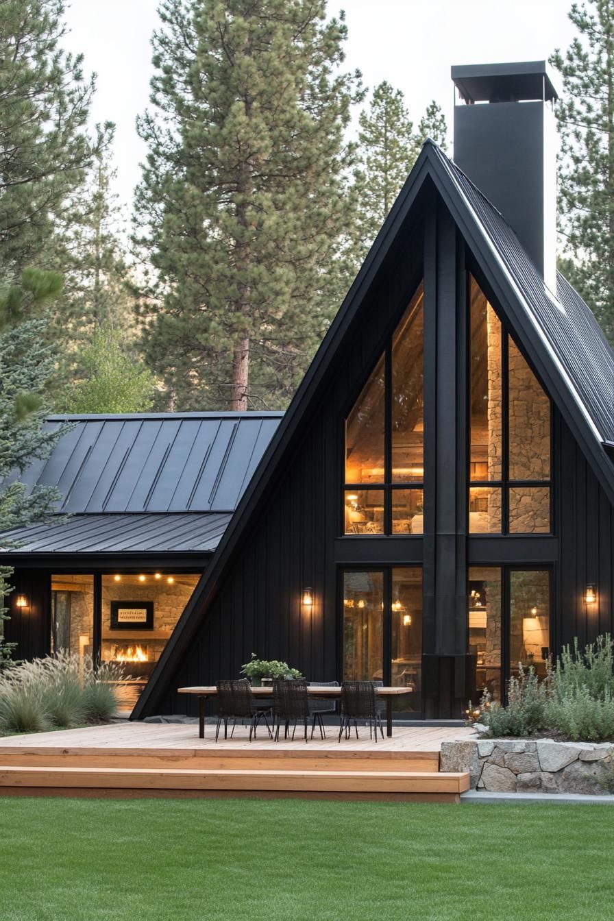 large modern cottage in black board and batten siding big black a frame metal roof with chimney large modern windows large wooden patio raised with 1