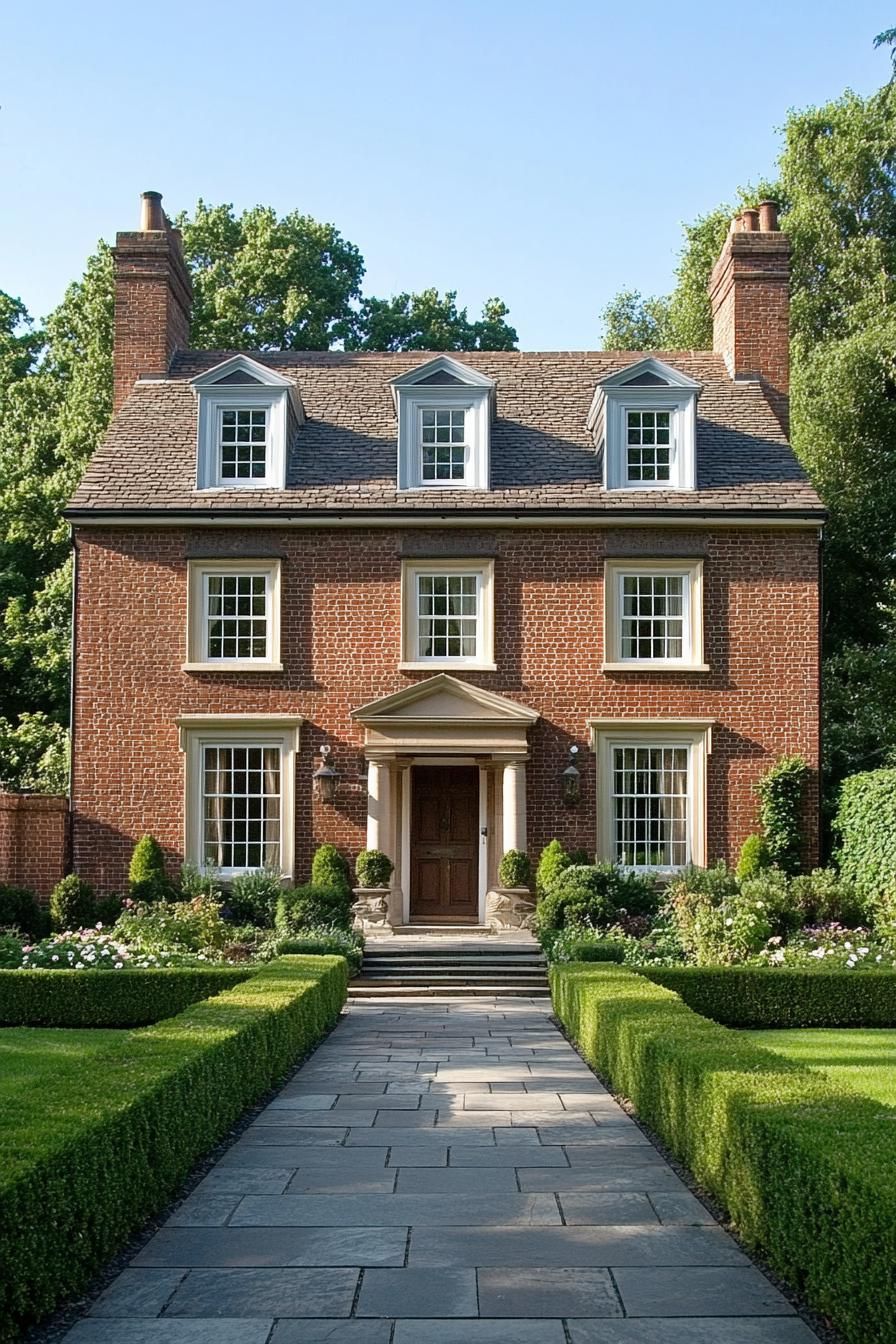 Symmetrical Georgian brick home with dormer windows