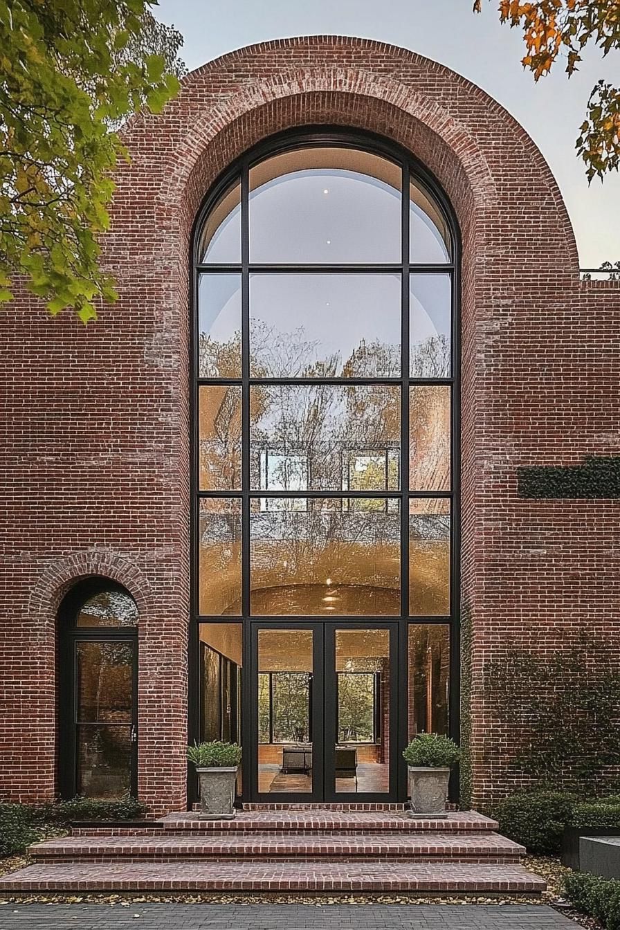 modern brick house geometric facade with tall arches full glass windows and doors 1