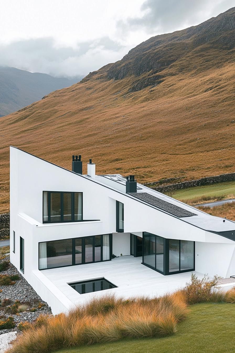 high angle view of a modern house with geometric white facade with large roof terrace Scotland highlands