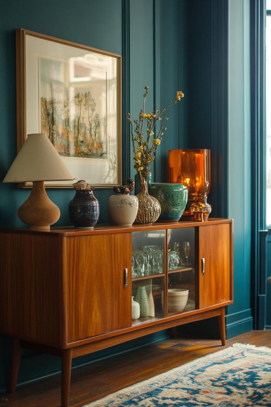 Mid-century wooden sideboard with vases and artwork