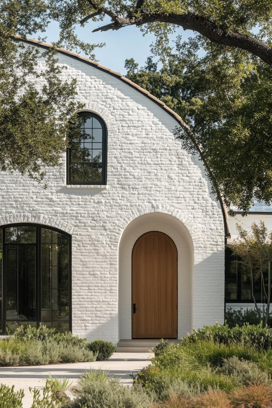 modern european farmhouse facade with white painted brick facade natural wood arched doors small and large modern windows front yard with trees and 3