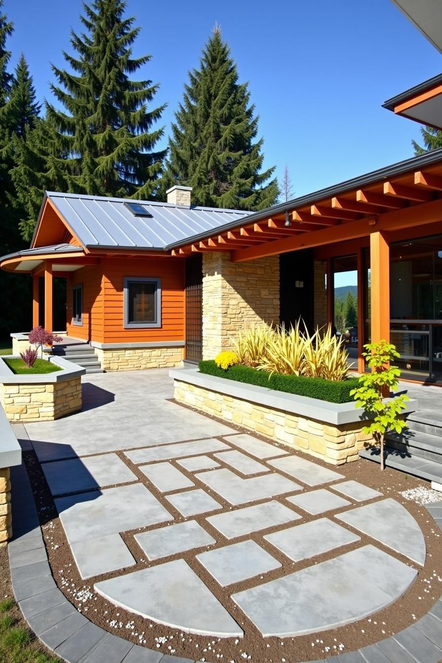 Colorful house with stone walls and a unique pathway